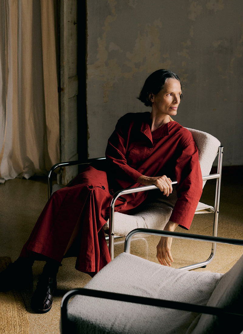 Button Through Cotton Linen Poplin Dress | Brick