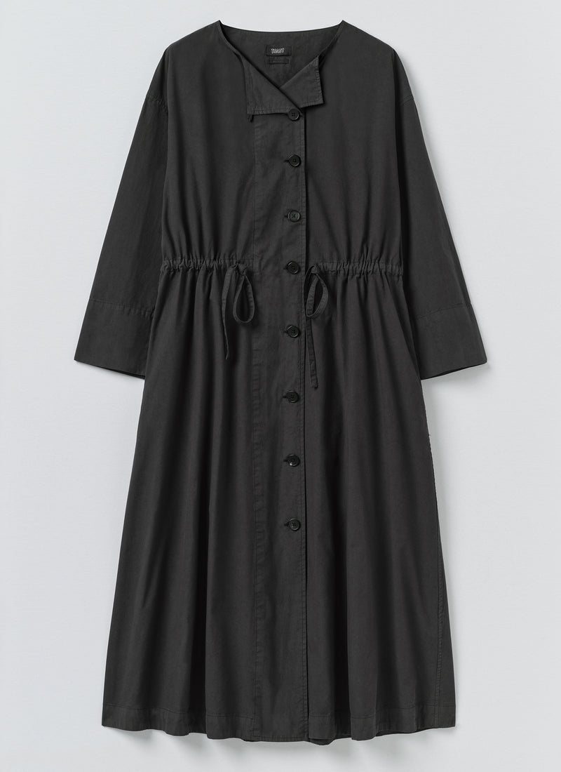 Button Through Cotton Linen Poplin Dress | Washed Black