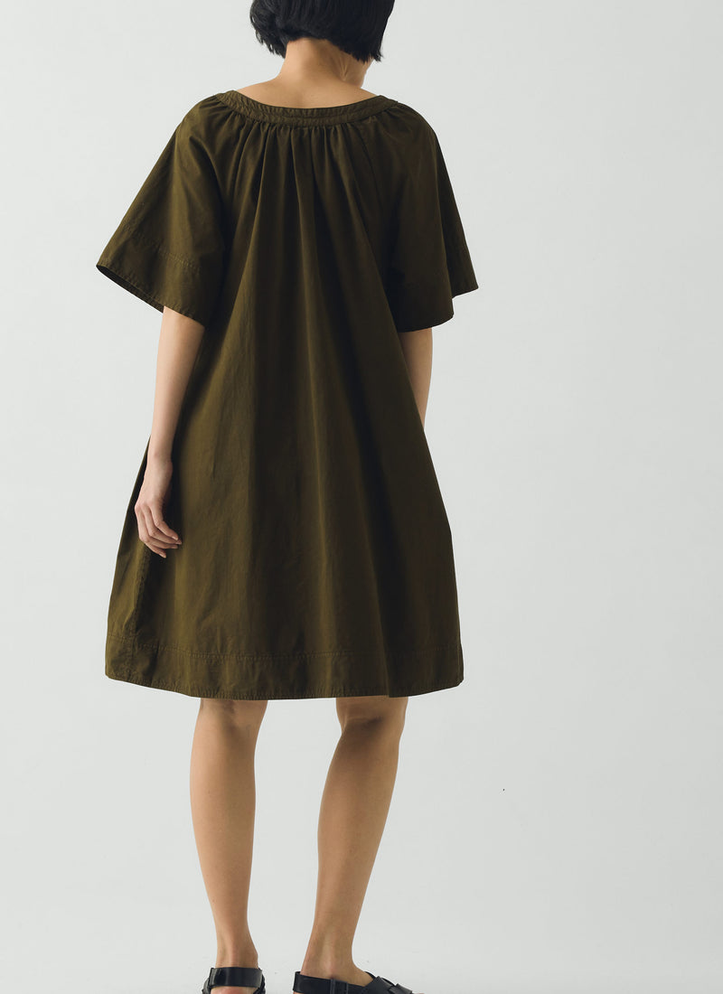 Gathered Cotton Twill Dress | Bronze Green