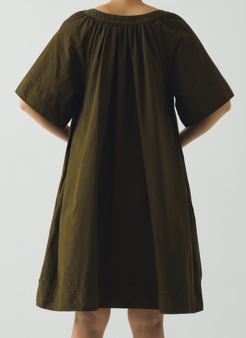 Gathered Cotton Twill Dress | Bronze Green
