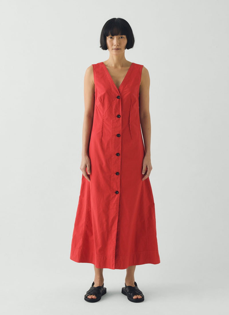 V Neck Cotton Linen Poplin Dress | Goji Berry