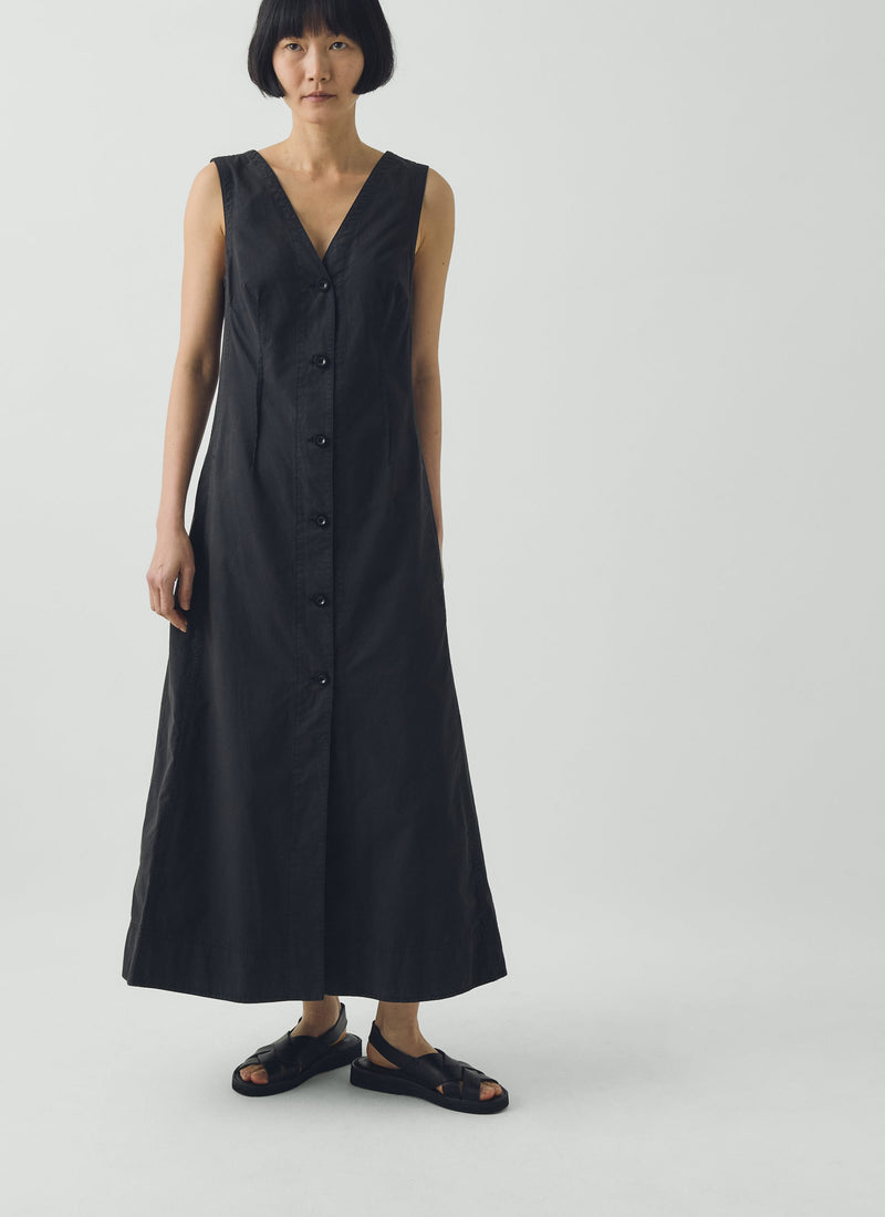 V Neck Cotton Linen Poplin Dress | Washed Black