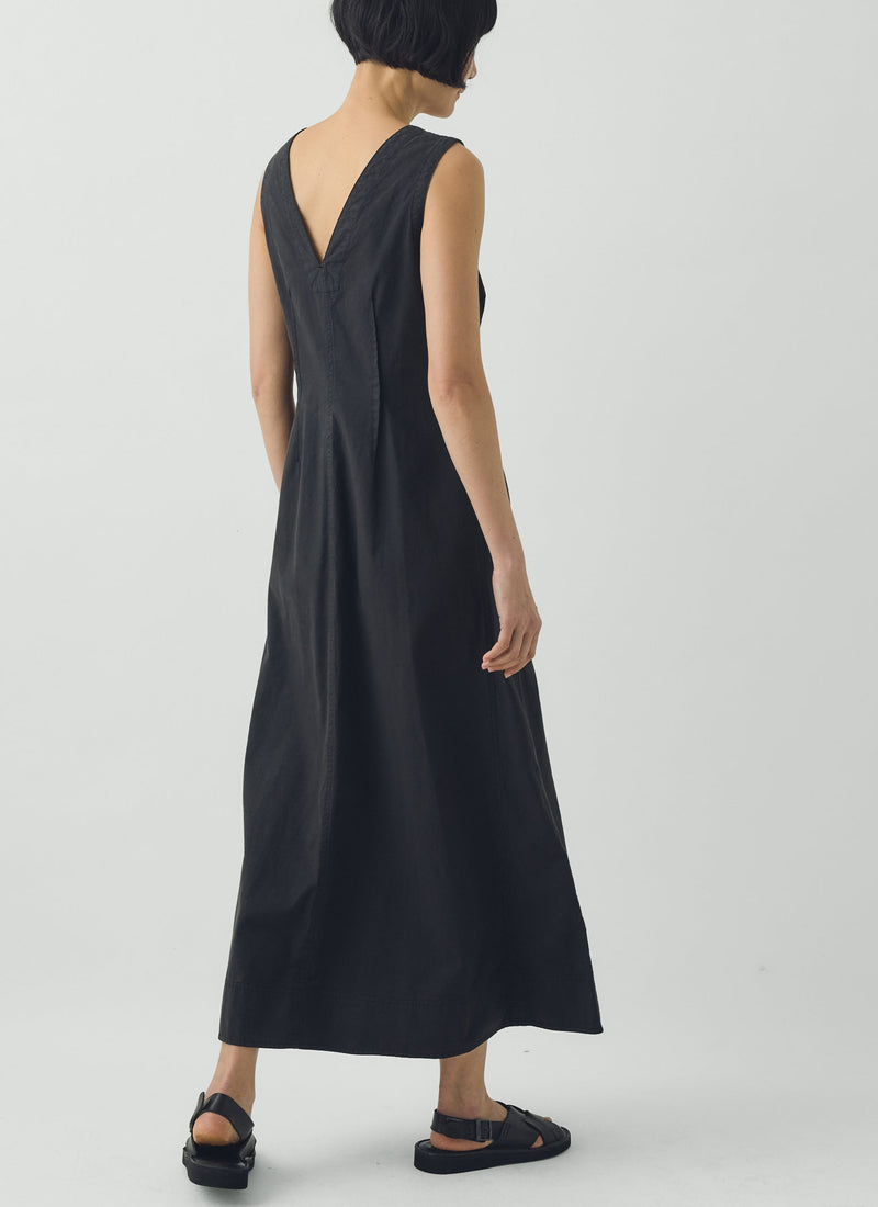 V Neck Cotton Linen Poplin Dress | Washed Black