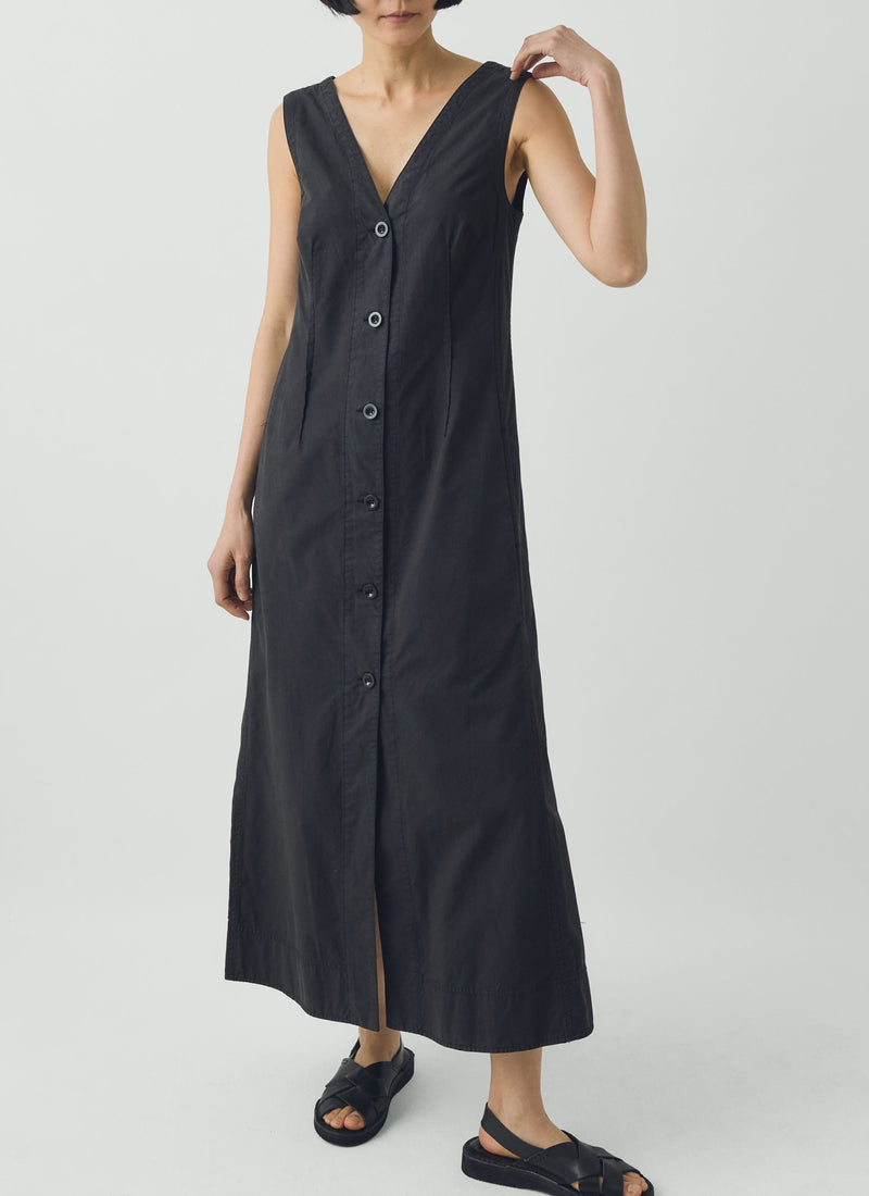 V Neck Cotton Linen Poplin Dress | Washed Black