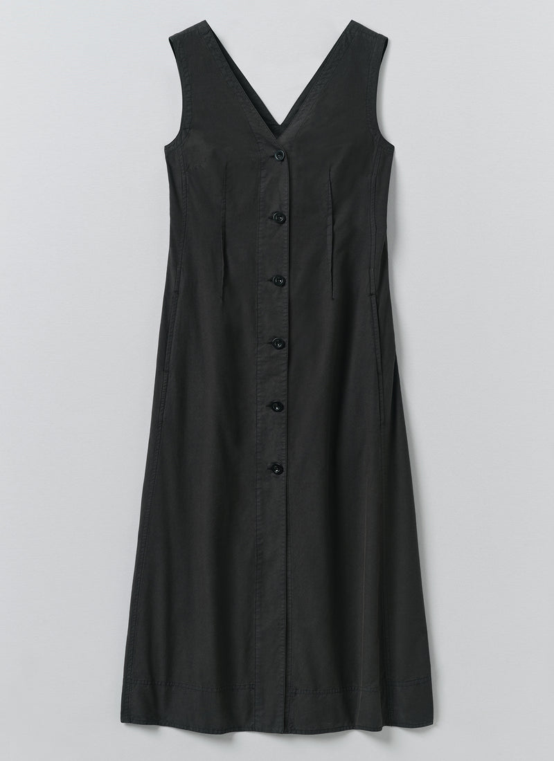 V Neck Cotton Linen Poplin Dress | Washed Black