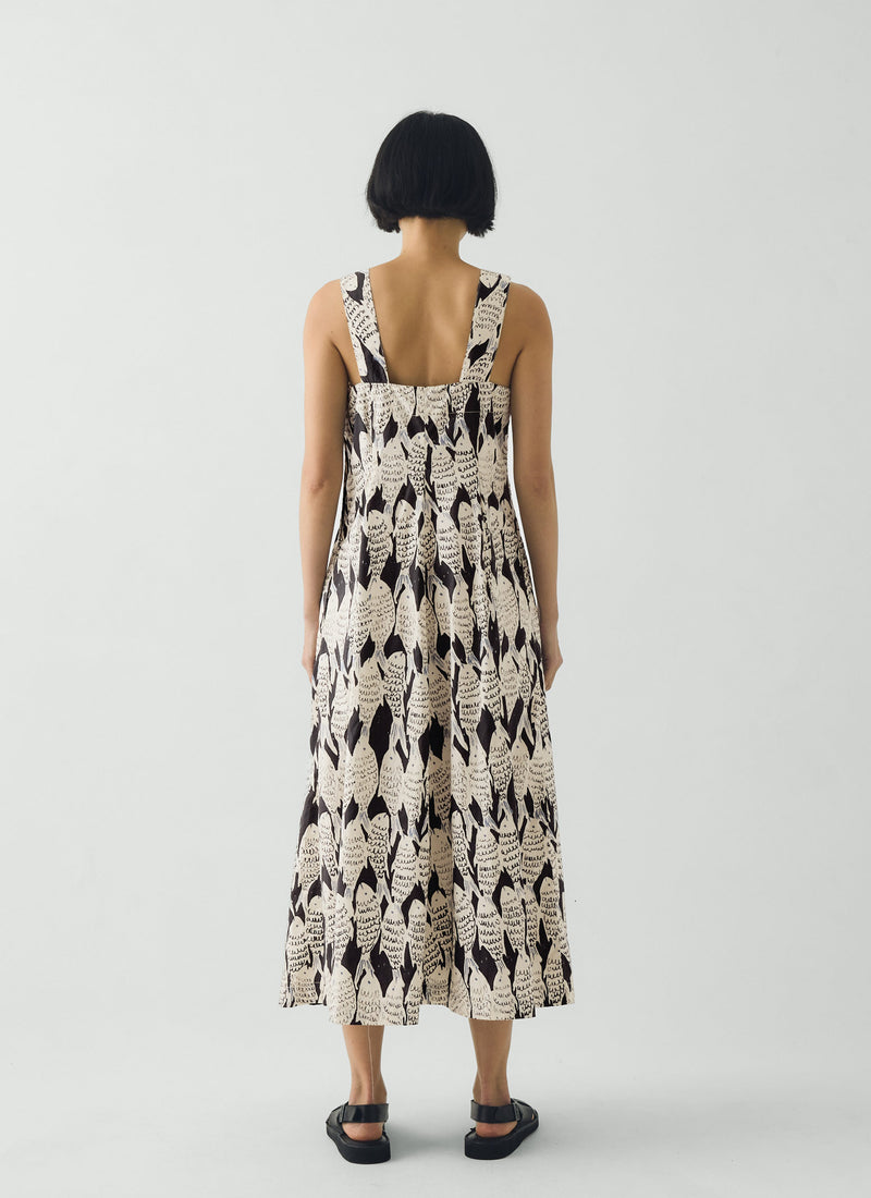 Market Fish Print Cotton Poplin Dress | Slate
