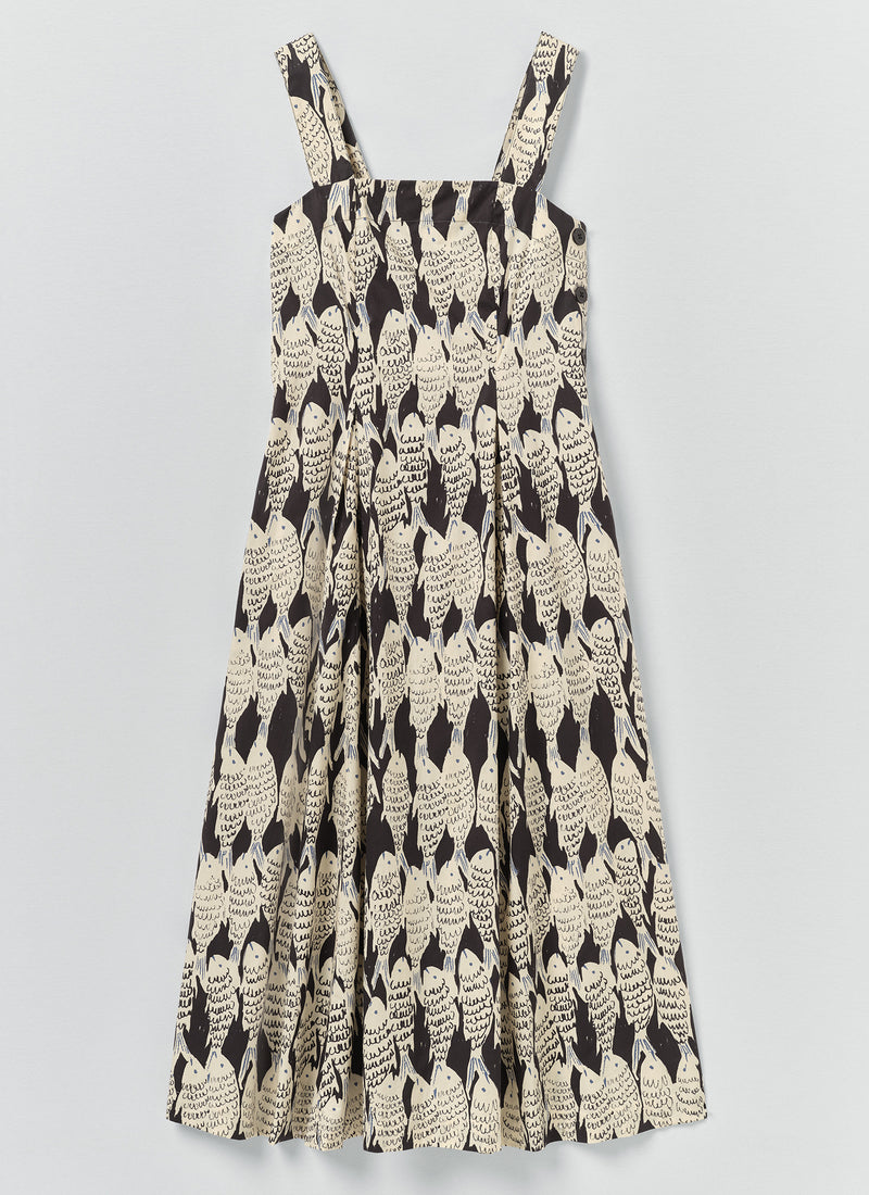 Market Fish Print Cotton Poplin Dress | Slate