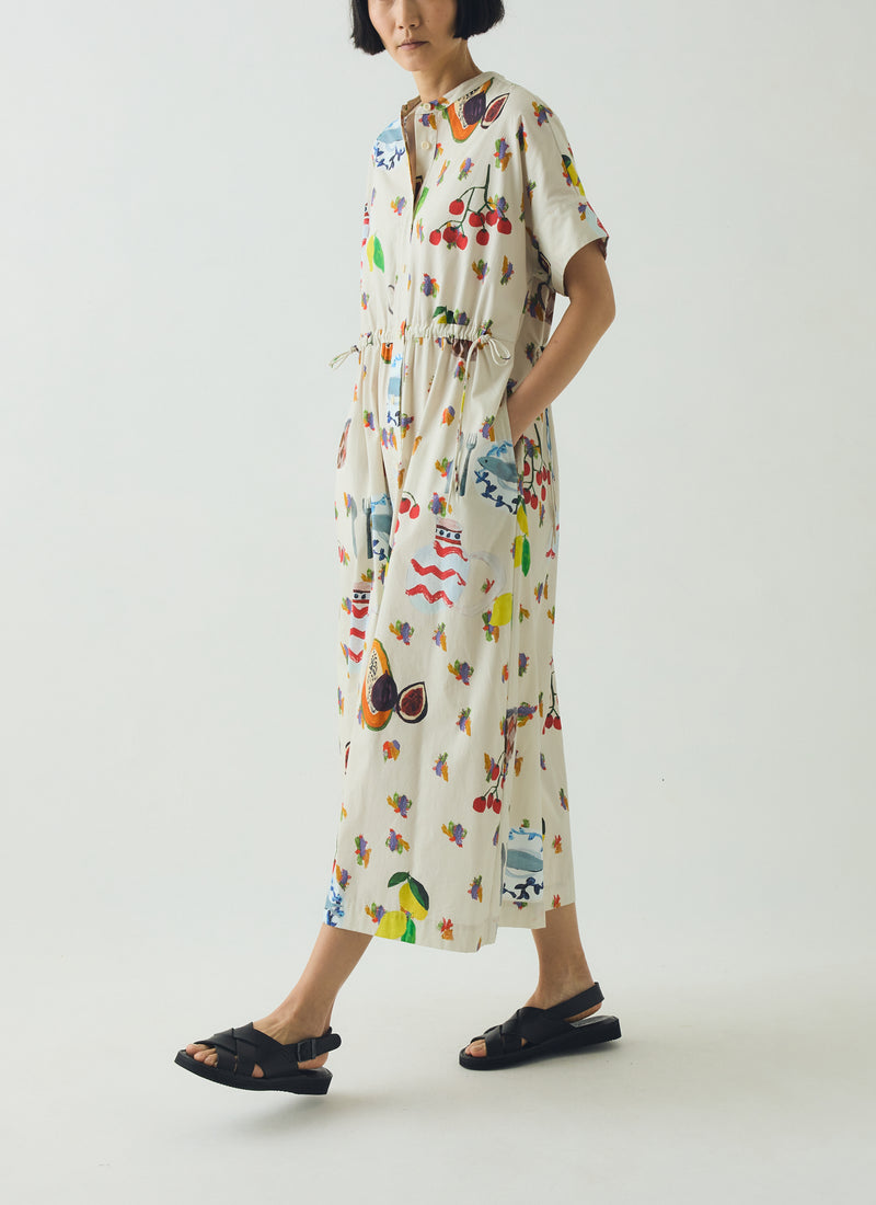 Table Setting Print Cotton Dress | Ecru Multi
