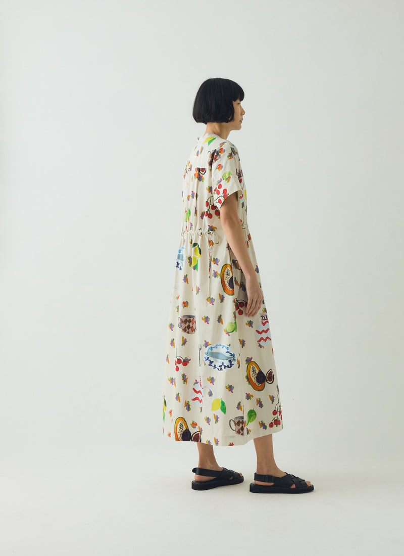 Table Setting Print Cotton Dress | Ecru Multi