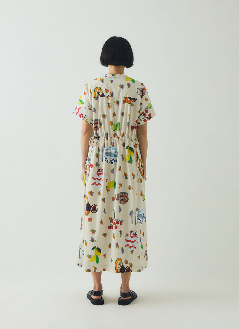 Table Setting Print Cotton Dress | Ecru Multi