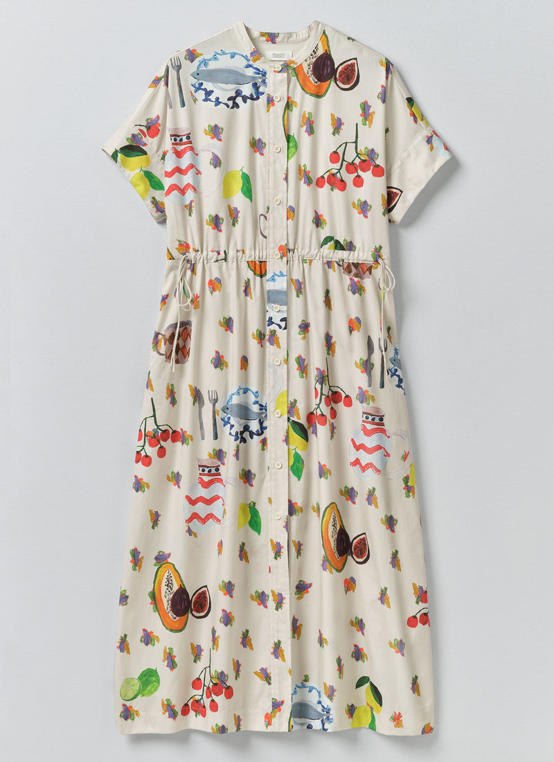 Table Setting Print Cotton Dress | Ecru Multi