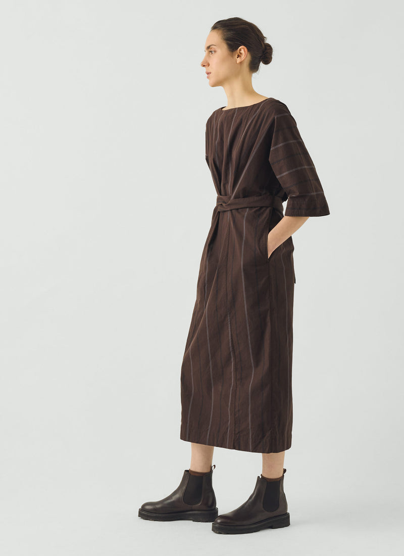 Tie Waist Cotton Linen Dusk Stripe Dress | Raisin