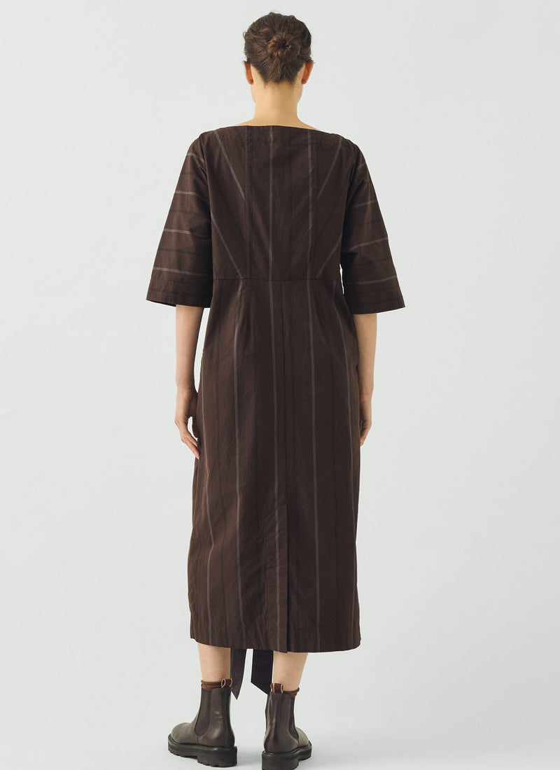 Tie Waist Cotton Linen Dusk Stripe Dress | Raisin
