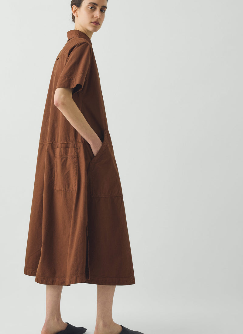 Cotton Linen Poplin Shirt Dress | Brown Ochre