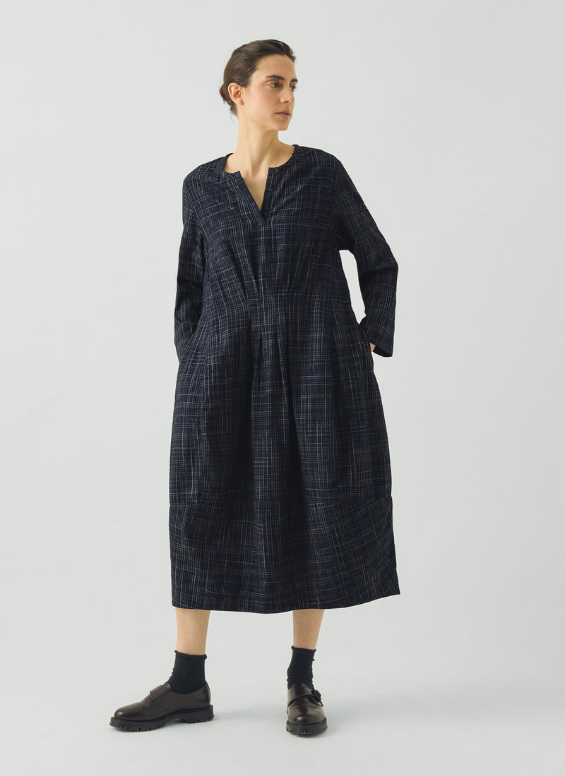Space Dyed Indigo Check Dress | Indigo/Ecru