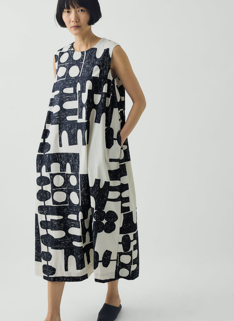 Large Totem Print Poplin Dress | Ink/Dove