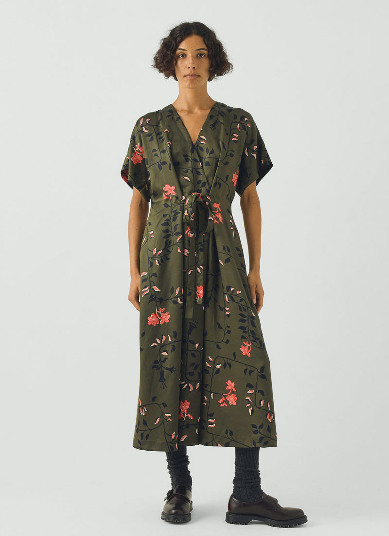 Folk Vine Print Dress | Dark Olive