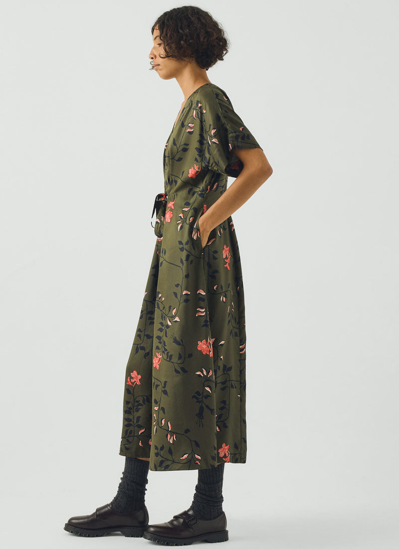 Folk Vine Print Dress | Dark Olive