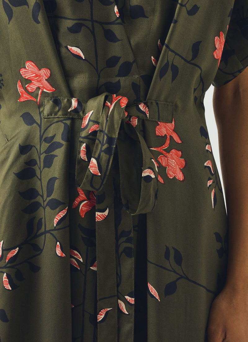 Folk Vine Print Dress | Dark Olive