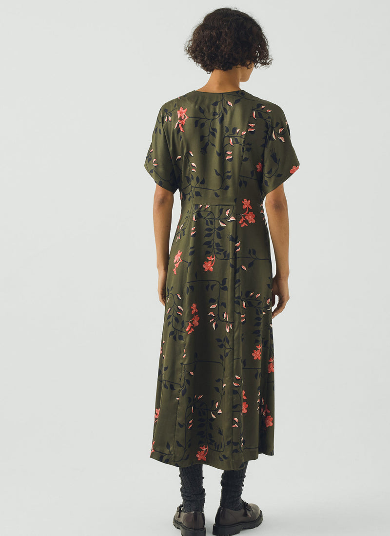 Folk Vine Print Dress | Dark Olive