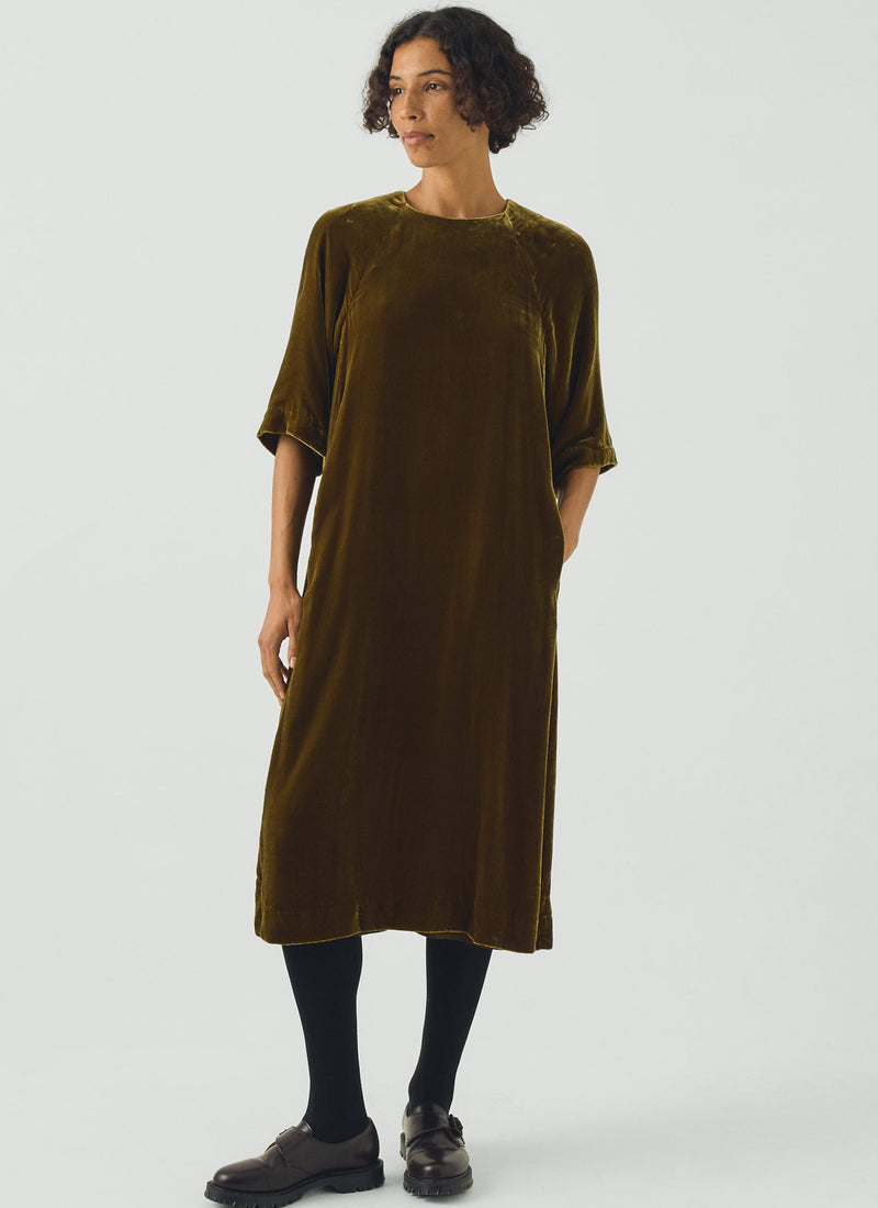 Cocoon Silk Velvet Dress | Golden Olive