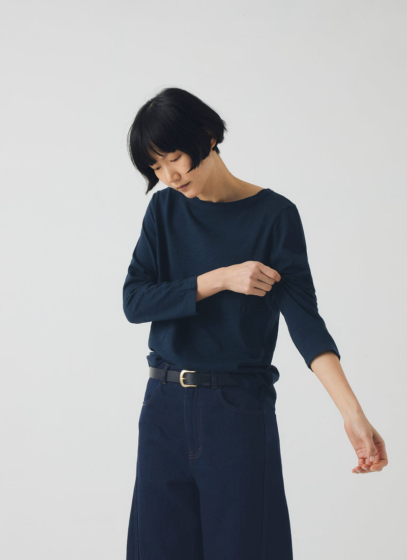 Lia Cotton Boat Neck Tee | Dark Navy