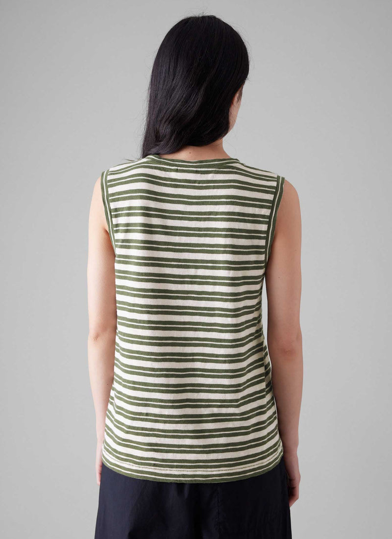 Stripe Sleeveless Tee | Dark Olive/Ecru