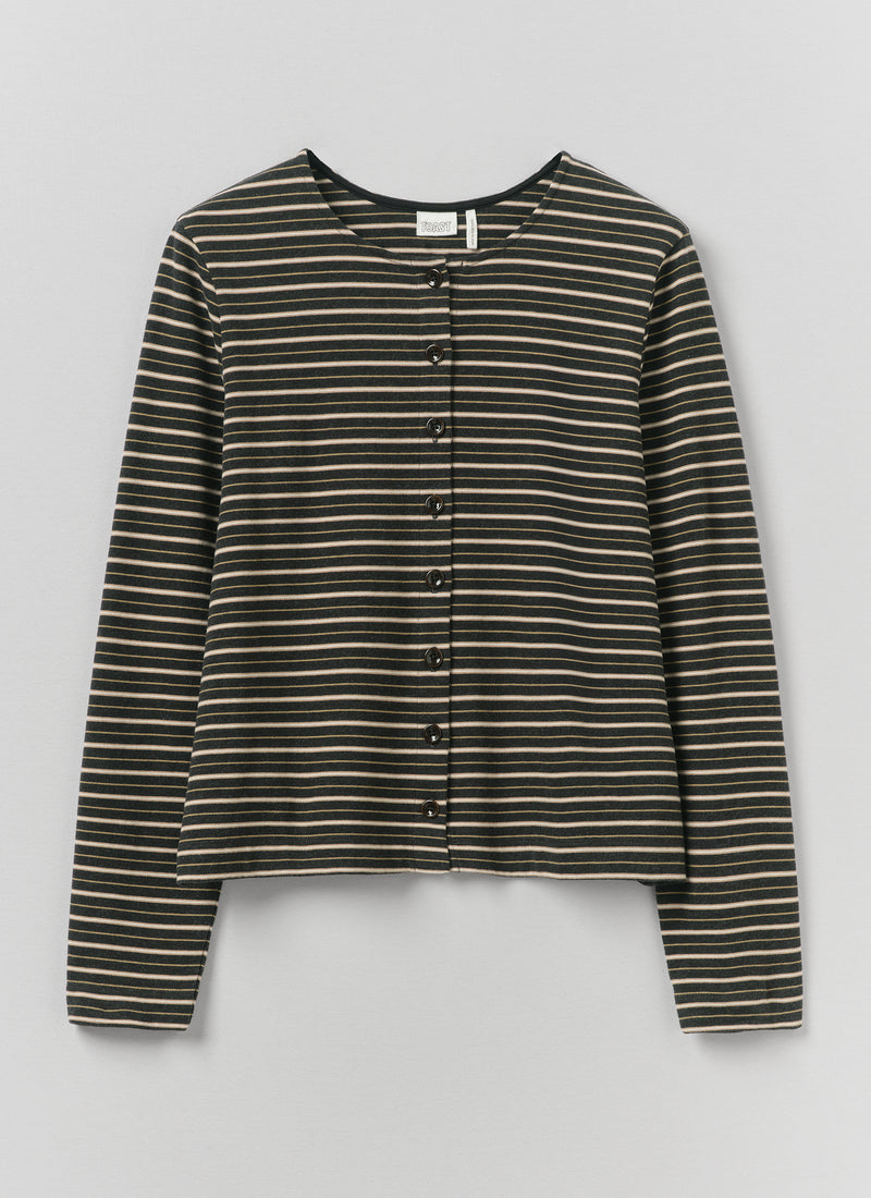 Stripe Button Through Cotton Jersey Tee | Charcoal Multi