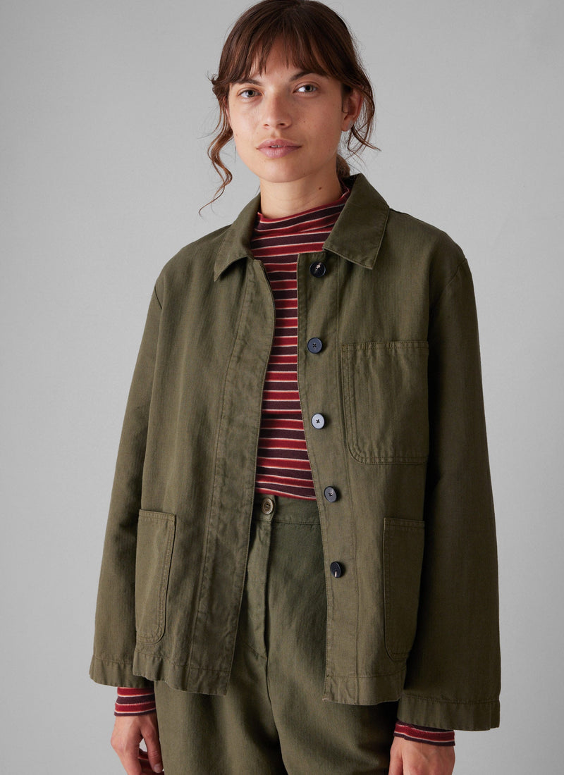 Cotton Linen Herringbone Jacket | Sap Green