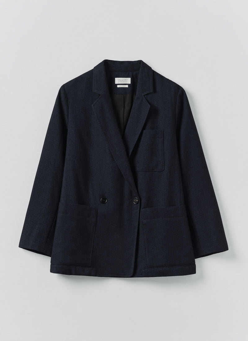 Wool Linen Double Breasted Jacket | Black Indigo