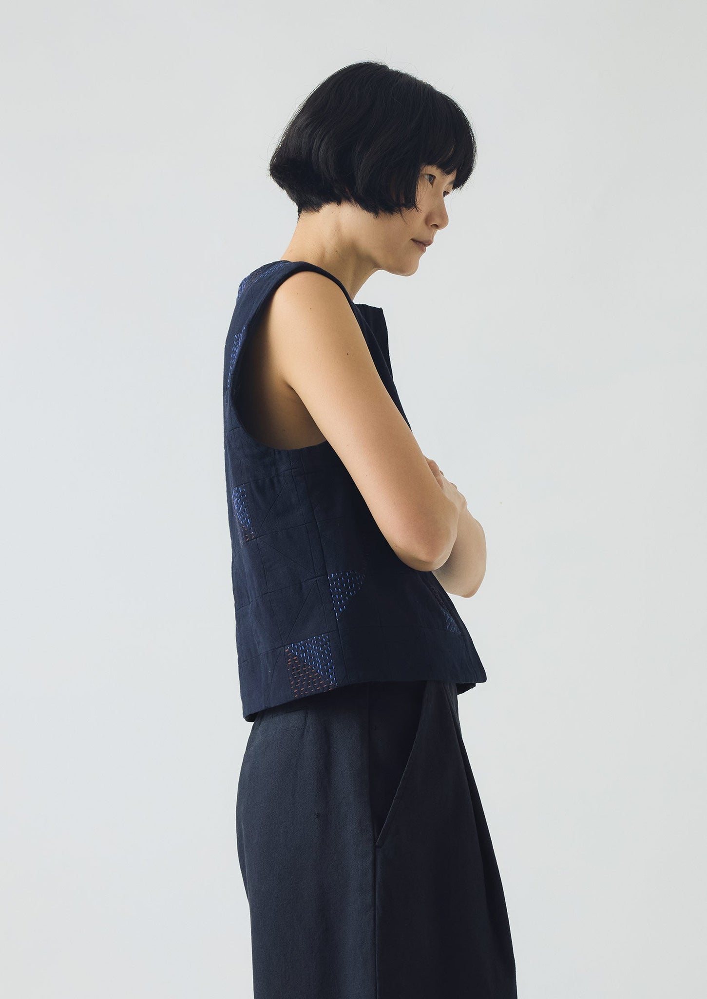 Patchwork Kantha Stitch Cotton Waistcoat | Navy