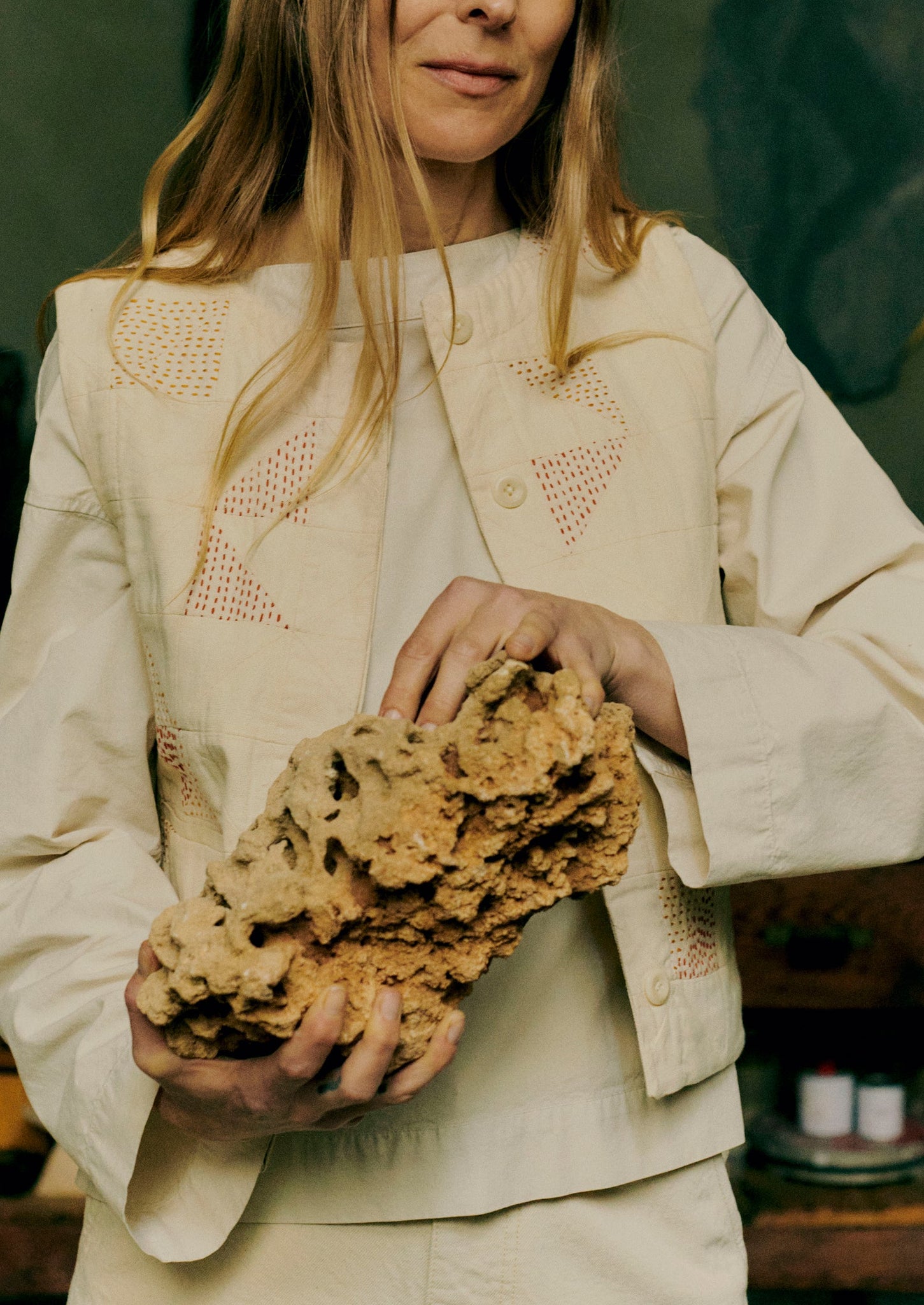 Patchwork Kantha Stitch Cotton Waistcoat | Ecru