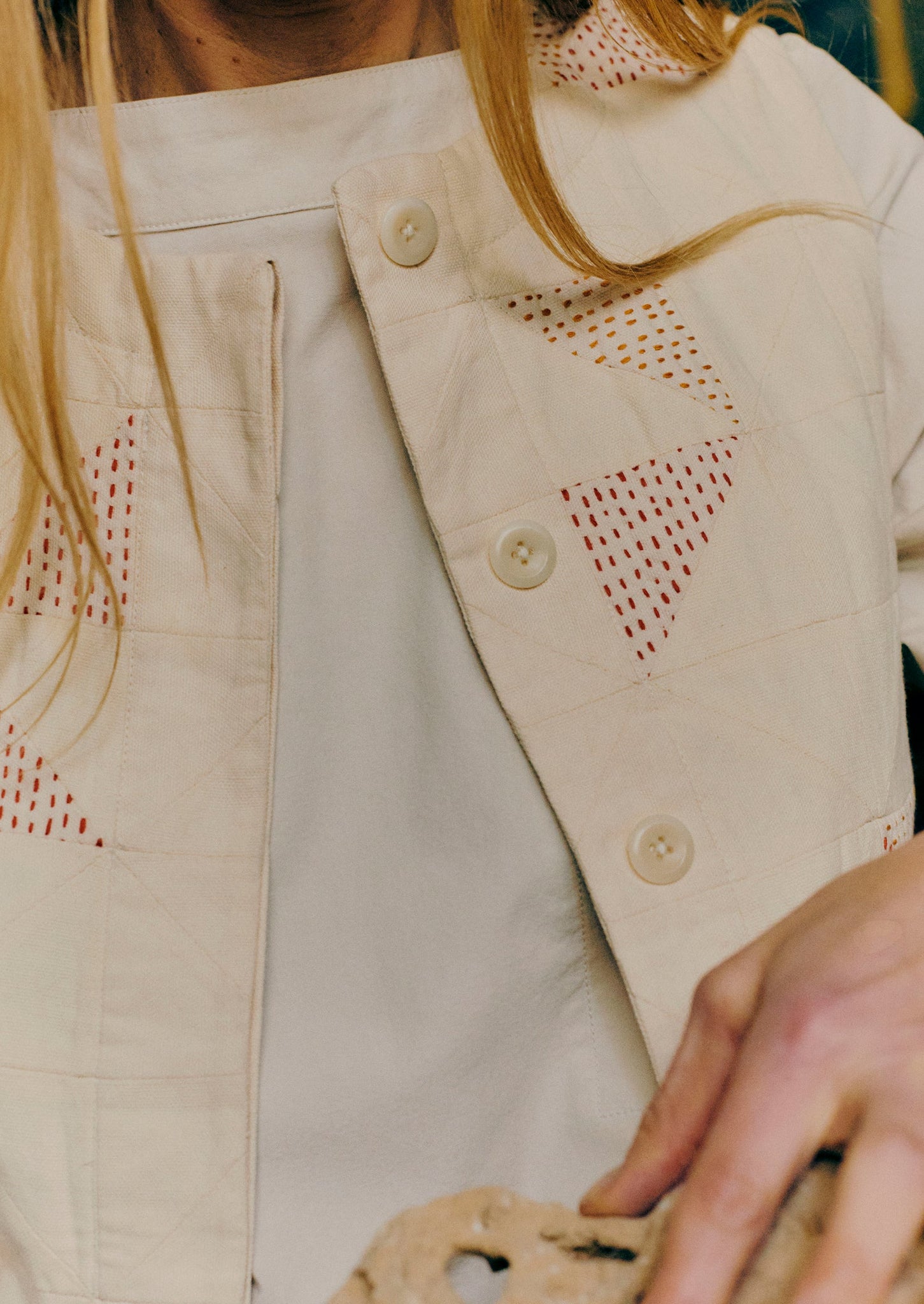 Patchwork Kantha Stitch Cotton Waistcoat | Ecru