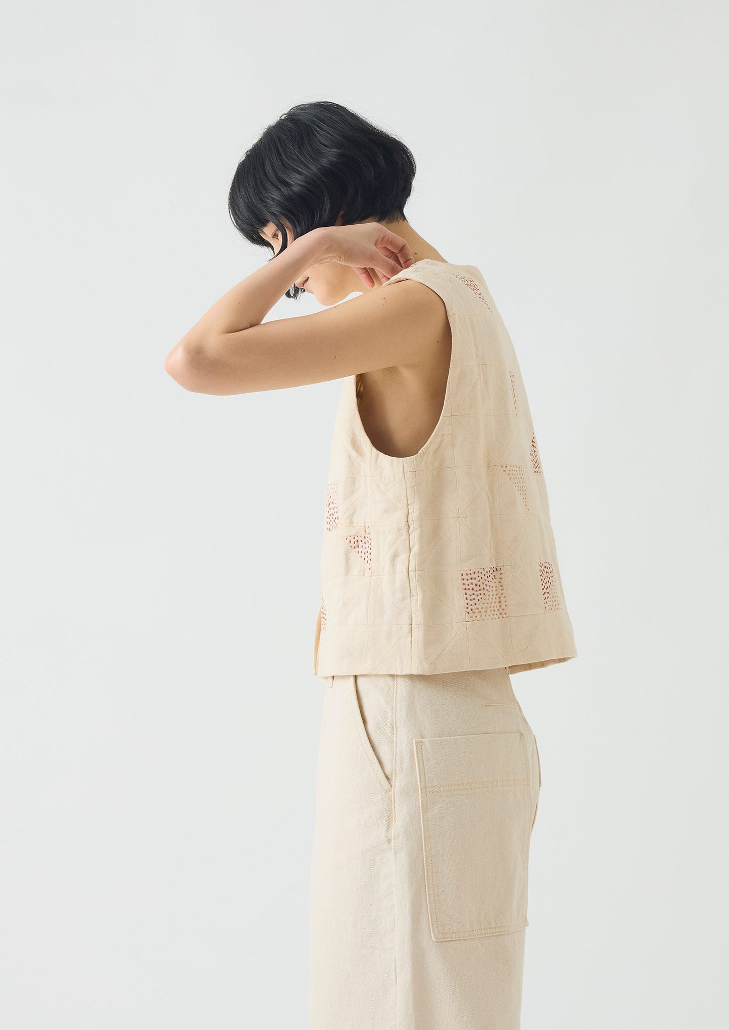 Patchwork Kantha Stitch Cotton Waistcoat | Ecru