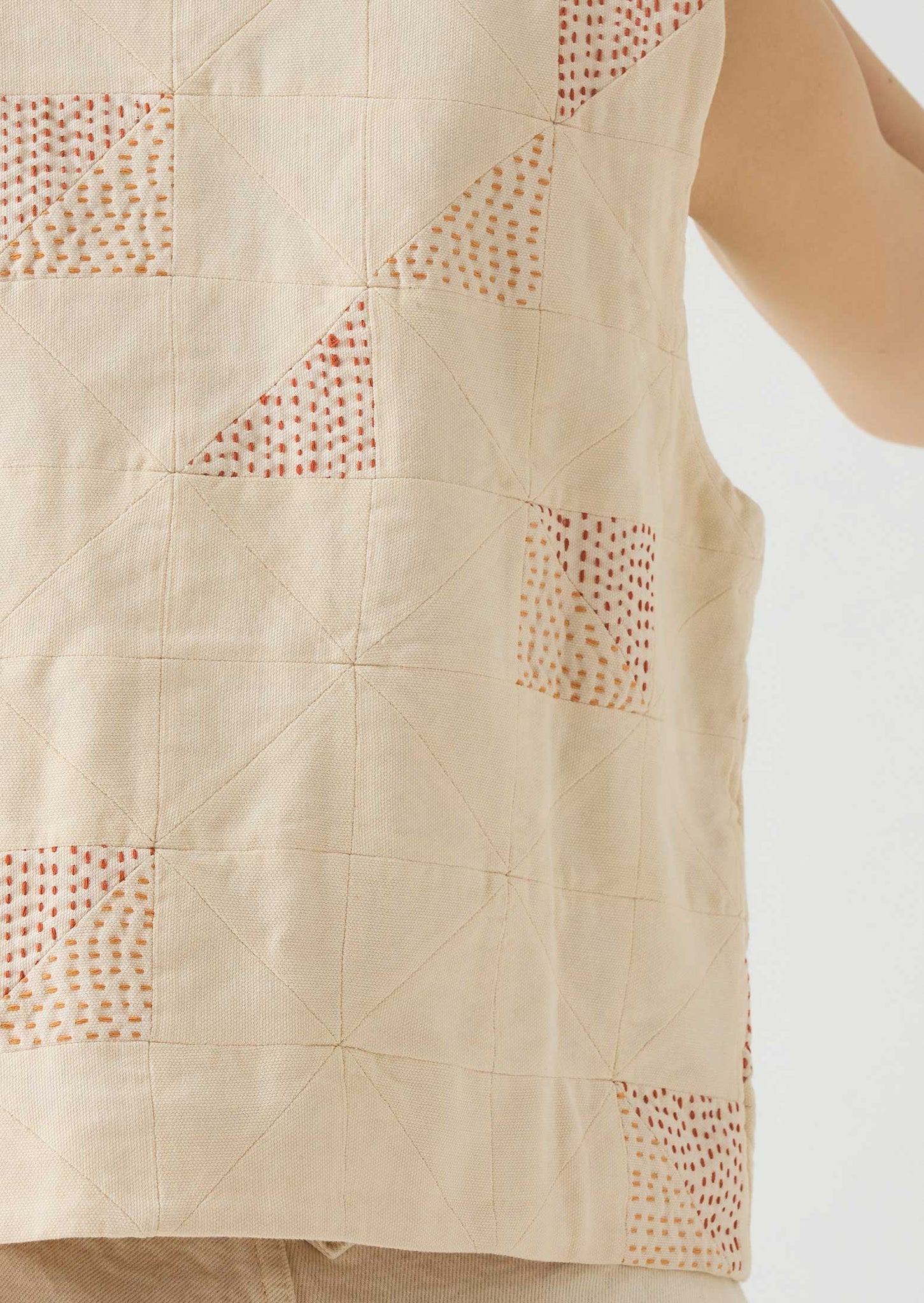 Patchwork Kantha Stitch Cotton Waistcoat | Ecru