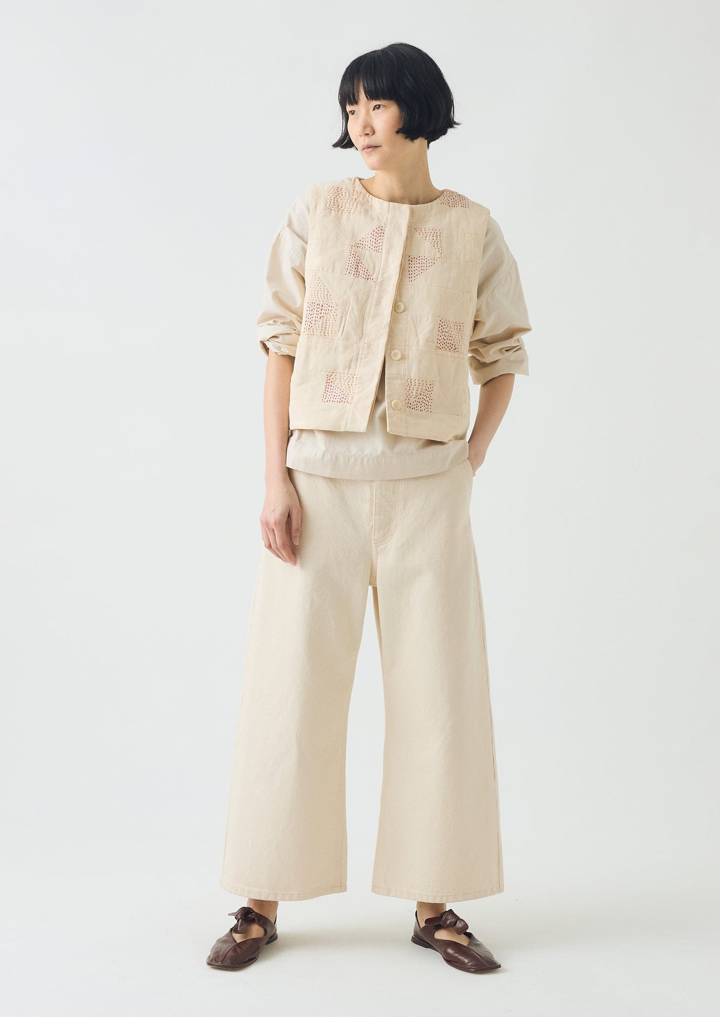 Patchwork Kantha Stitch Cotton Waistcoat | Ecru