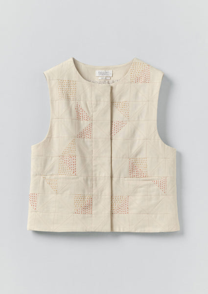 Patchwork Kantha Stitch Cotton Waistcoat Ecru