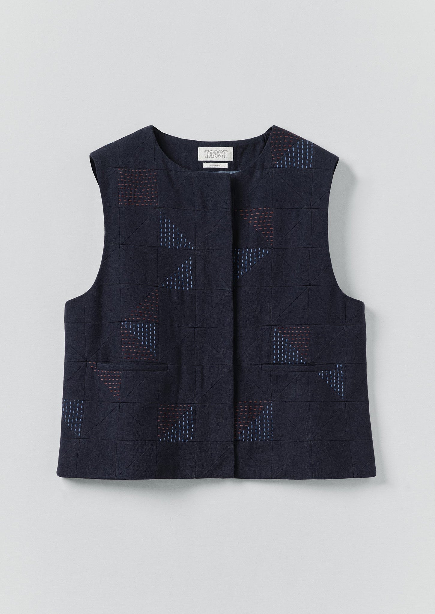 Patchwork Kantha Stitch Cotton Waistcoat | Navy
