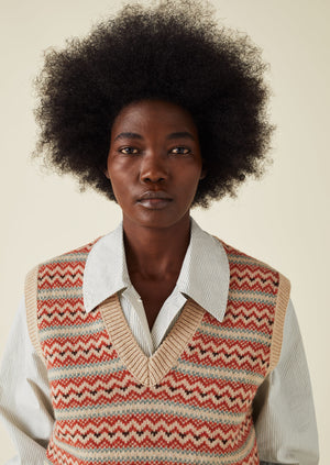 V-Neck Jacquard Knitted Tank | Oatmeal Multi