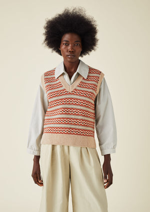 V-Neck Jacquard Knitted Tank | Oatmeal Multi