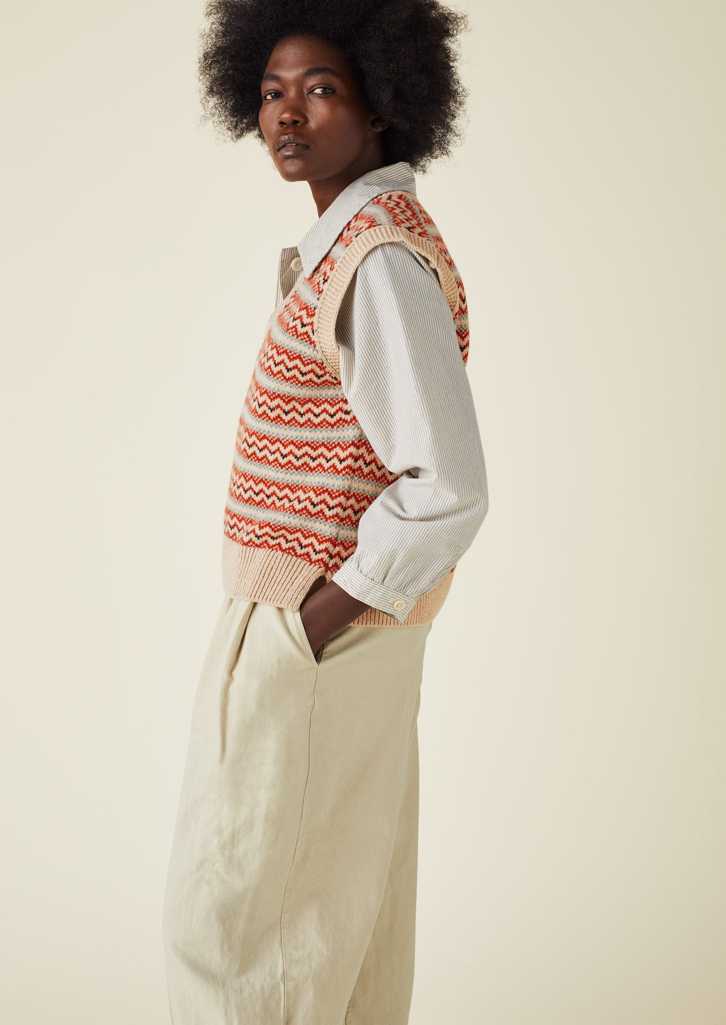 V-Neck Jacquard Knitted Tank | Oatmeal Multi