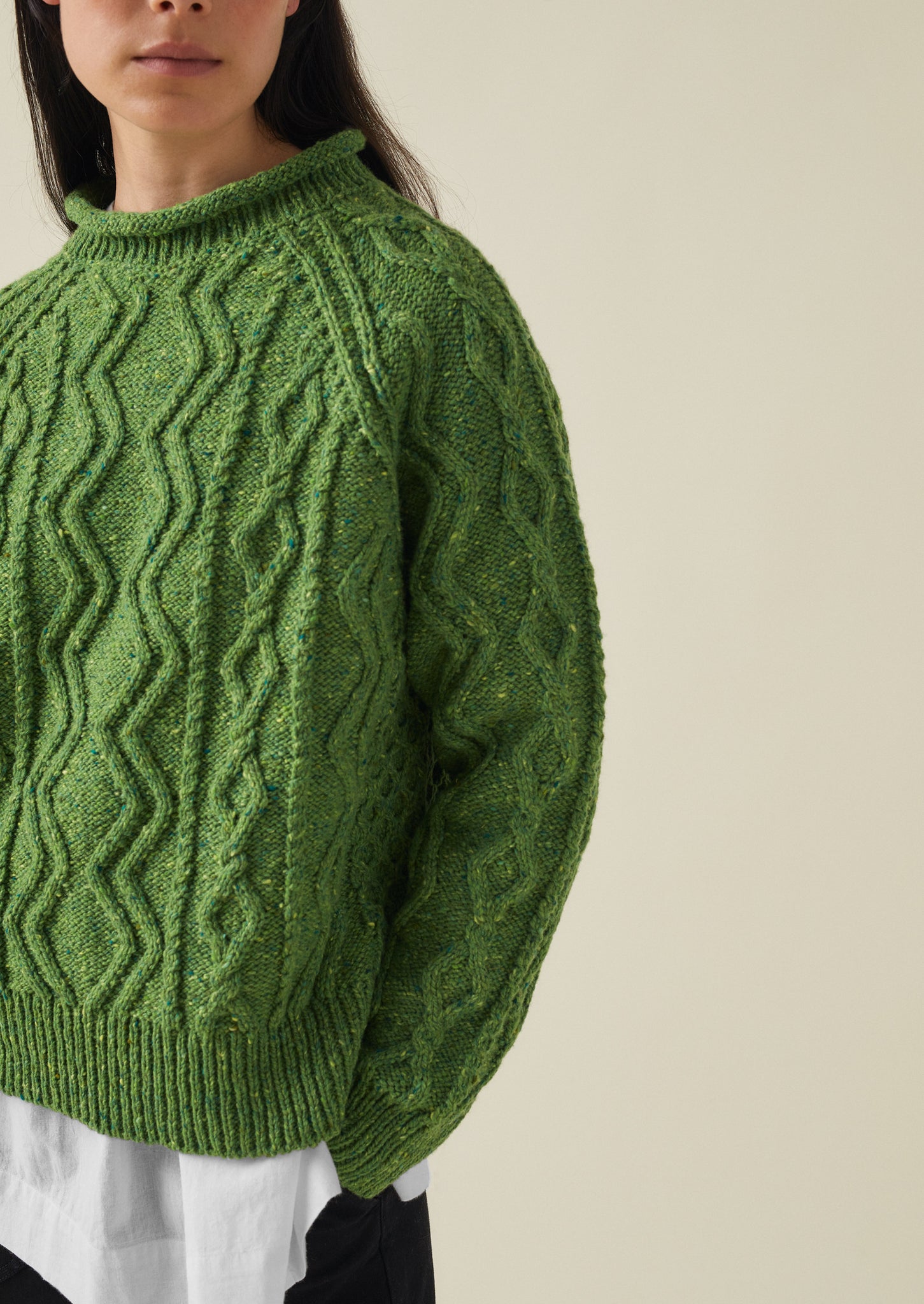 Donegal Wool Cable Sweater, Apple Green
