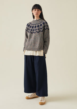 Graphic Yoke Donegal Sweater | Fossil Grey/Navy