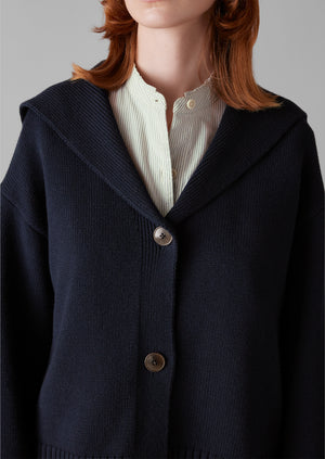 Collared Wool Cotton Boxy Cardigan | Dark Navy
