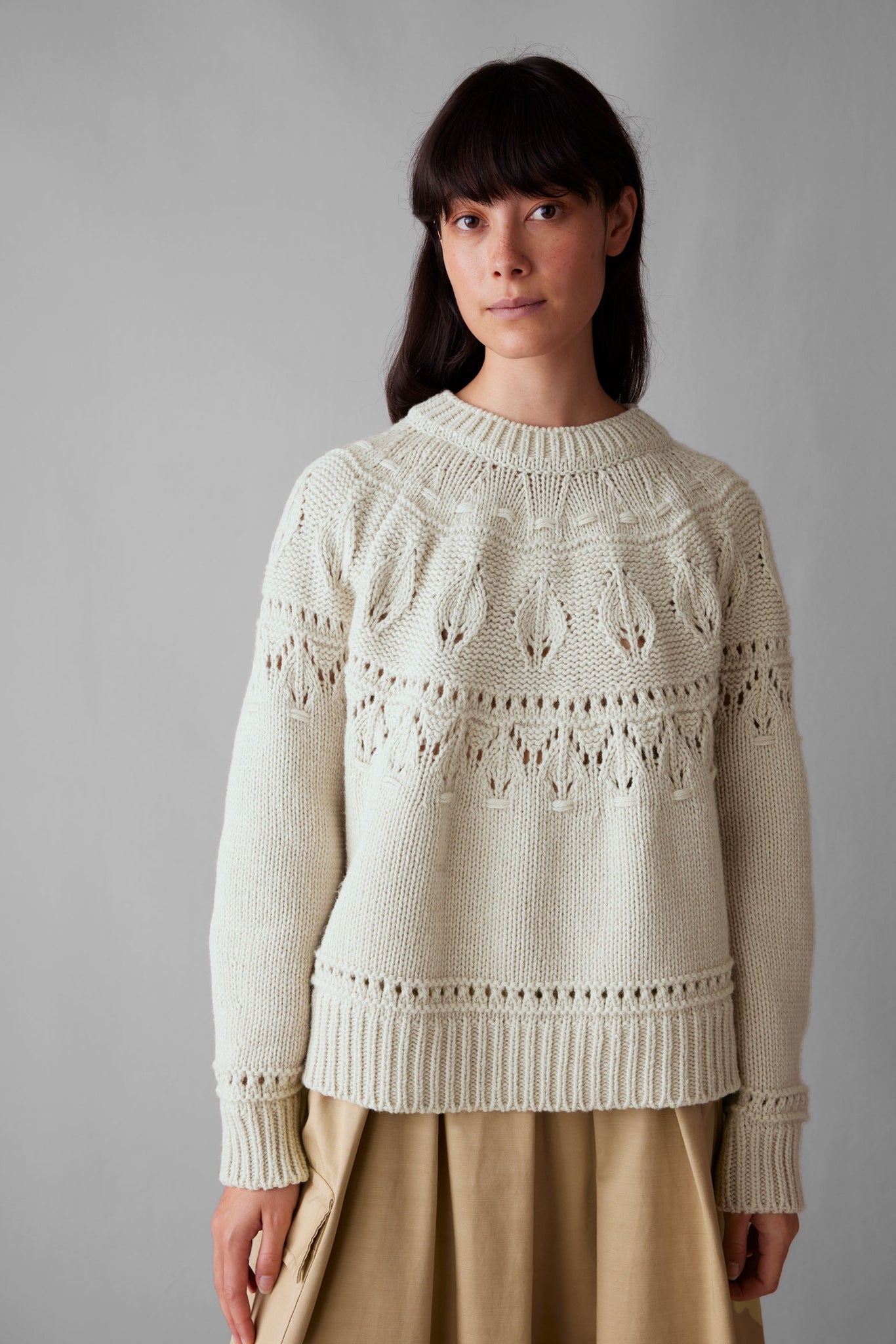 Textured Yoke Wool Cotton Sweater | Bone