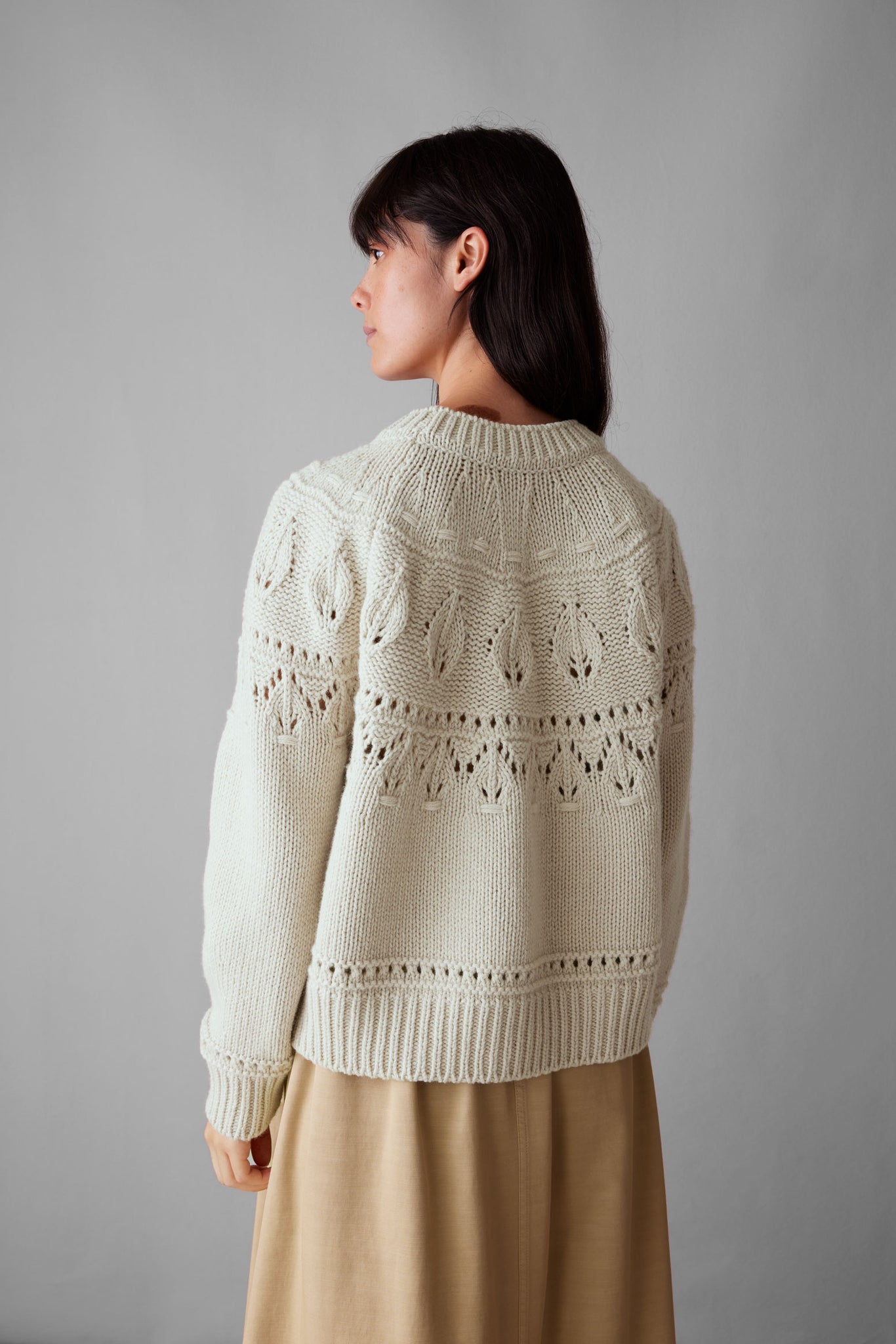 Textured Yoke Wool Cotton Sweater | Bone