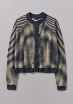 Fine Stripe Linen Wool Cardigan | Blue Melange/Parchment