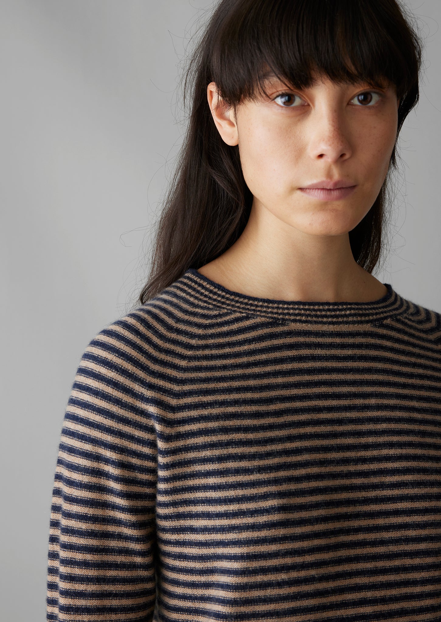 Stripe Wool Cashmere Neat Sweater | Anthracite/Biscuit