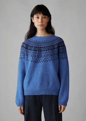 Fair Isle Yoke Wool Sweater | Cornflower/Navy