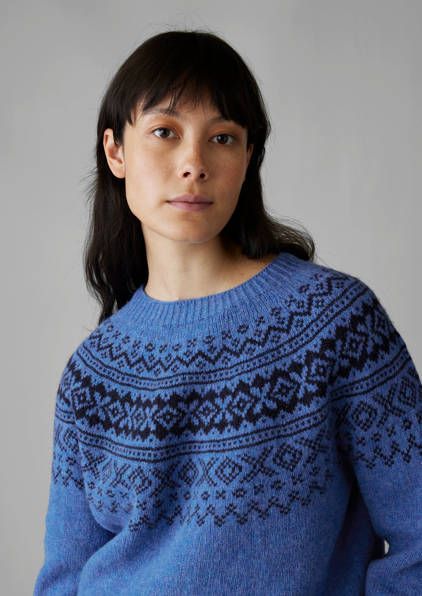 Fair Isle Yoke Wool Sweater | Cornflower/Navy